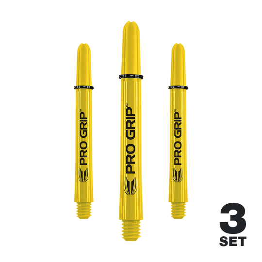 Target Pro Grip Shafts - 3 Sets - Gelb Auf dem Bild sind drei gelbe Pro Grip Dartschäfte zu sehen. In der rechten unteren Ecke steht „3 Set“.