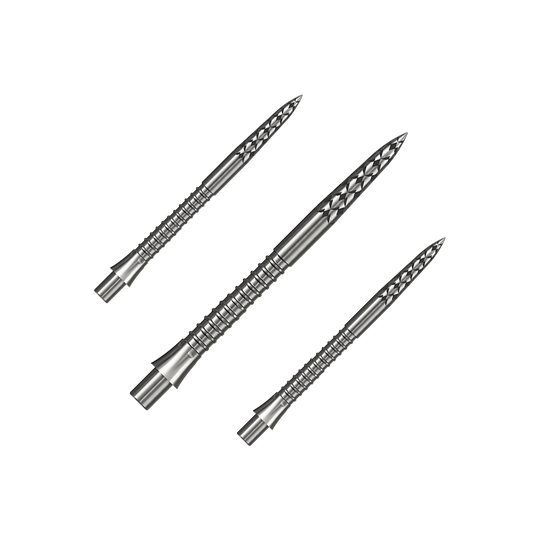 Mission Caliburn EVO dart tips GV logo - silver Ein Set silberner Steeldartspitzen ist abgebildet. Die Spitzen sind vermutlich 32 mm lang.