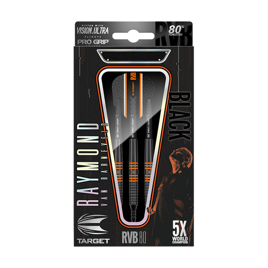 100153-Target-RVB-80-Black-Tungsten-Softdarts-3-4-Wallet Das Bild zeigt die Verpackung der "Target RVB 80% Black Tungsten Softdarts". Auf der Verpackung sind drei Darts sowie der Name Raymond van Barneveld und der Hinweis auf 80% Tungsten zu sehen.