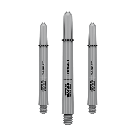 Das Bild zeigt ein Dart-Zubehör mit dem Dateinamen 380432_Target_StarWars_ProGrip_Shafts_Grau_Medium_48mm_1Set. Es handelt sich vermutlich um einen grauen Medium ProGrip Shaft von Star Wars mit 48mm Länge als Set.