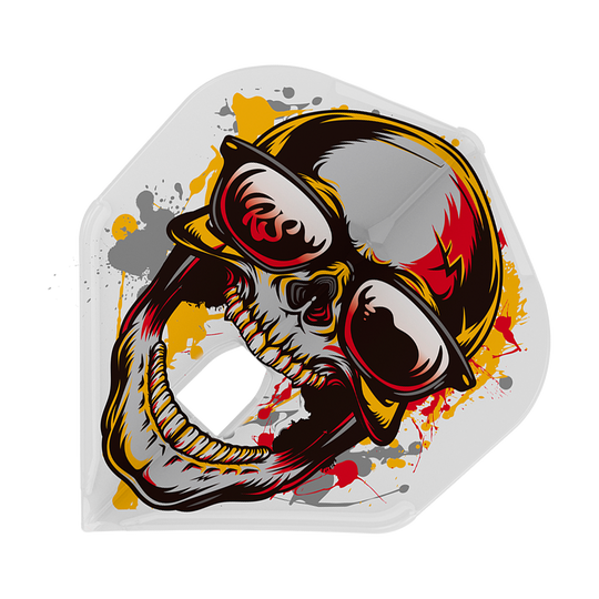 Standardní lety Marijanovic V1 L1PRO ve stylu L Das Bild zeigt das Produkt „L-Style Marijanovic V1 L1PRO Standard Flights“. Auf dem Flight ist ein farbenfrohes Totenkopfdesign mit Sonnenbrille und bunten Farbspritzern abgebildet.