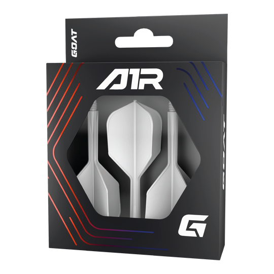 GOAT A1R No6 Flight-Shaft-System - Weiß Die Abbildung zeigt das Produkt „GOAT A1R No6 Flight-Shaft-System - Weiß“ in einer schwarzen Verpackung mit Sichtfenster. In der Verpackung sind drei weiße Dart-Flights mit Schäften zu sehen.