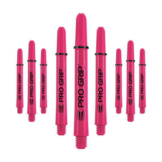 Tiges Target Pro Grip - 3 jeux - Rose Auf dem Bild sind neun pinke Pro Grip Shafts zu sehen, die für Dartpfeile verwendet werden. Sie sind gleichmäßig angeordnet und tragen den Schriftzug "PRO GRIP" in schwarzer Farbe.