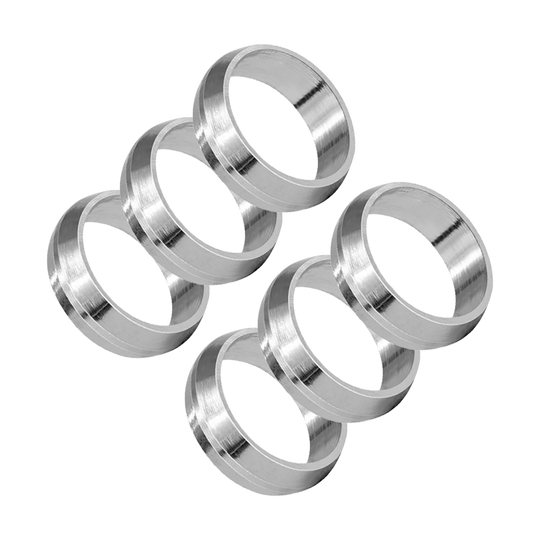 HR441_Harrows_Pyramid_Shaftringe_Silber_1 Das Bild zeigt sechs silberne Ringe des Produkts „Harrows Pyramid Shaftringe“. Die Ringe sind aus Metall und werden für Dartpfeile verwendet.