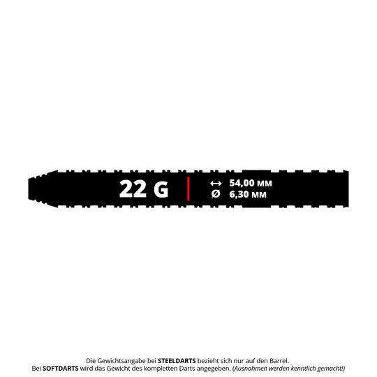 Ocelové šipky Caliburn Forge F3 - 22g Das Bild zeigt die technischen Daten des Produkts "Caliburn Forge F3 Steeldarts - 22g". Der Dart wiegt 22 Gramm, ist 54,00 mm lang und hat einen Durchmesser von 6,30 mm.