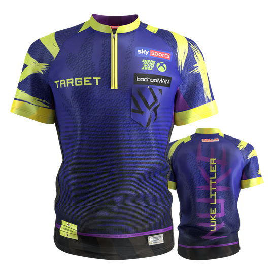 Target Luke Littler Dartshirt 2026 Das Bild zeigt das Target Luke Littler Dartshirt 2026. Die Kleidung wurde speziell für Dartsport entworfen.