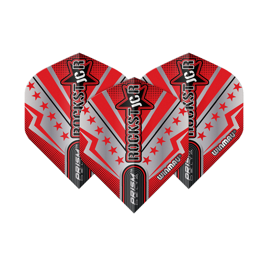 Letky Winmau Prism Delta Joe Cullen Rockstar Series No2 Standard Das Bild zeigt drei Dart-Flights der Serie "Winmau Prism Delta Joe Cullen Rockstar No2". Die Flights sind in rot, silber und schwarz gestaltet und tragen die Aufschrift "ROCKSTAR".