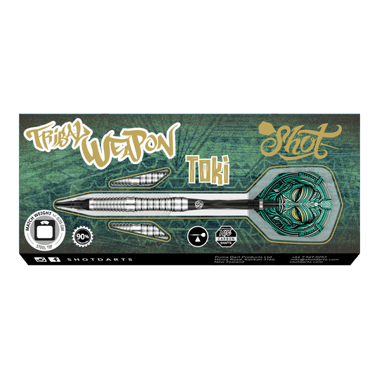 Das Bild zeigt die Verpackung der "Shot Tribal Weapon Toki Softdarts". Auf der Verpackung sind ein silberner Dartpfeil mit grünem Flight und verschiedene Beschriftungen abgebildet.