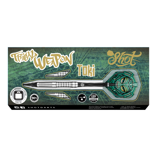 Shot Tribal Weapon Toki freccette morbide Das Bild zeigt die Verpackung der "Shot Tribal Weapon Toki Softdarts". Auf der Verpackung sind ein silberner Dartpfeil mit grünem Flight und verschiedene Beschriftungen abgebildet.