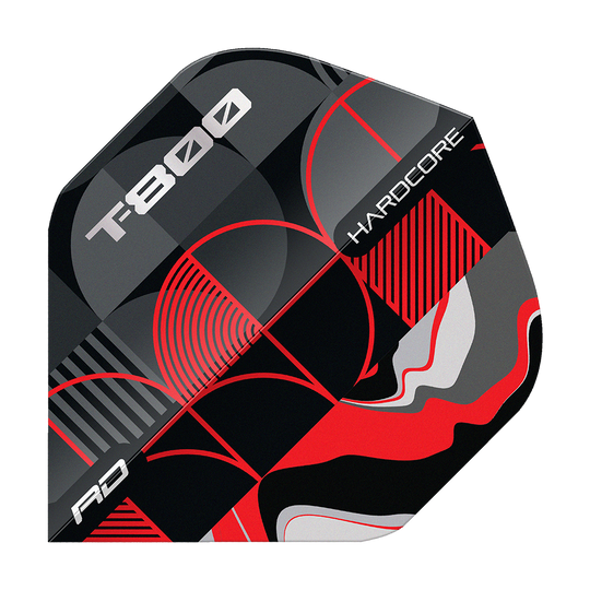 Red Dragon Hardcore T-800 No2 Standard Flights Das Bild zeigt ein Dart-Flight mit dem Namen "Red Dragon Hardcore T-800 No2 Standard Flights". Das Design ist in Schwarz, Rot, Silber und Grau mit geometrischen Mustern und den Aufschriften "T-800" und "Hardcore" gestaltet.