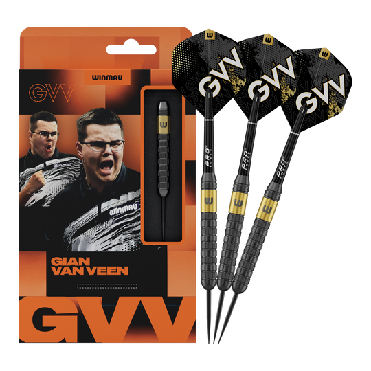 Auf diesem Bild sieht man Winmau Gian Van Veen Core Brass Steeldarts mit 21 Gramm. Die Dartpfeile liegen nebeneinander und sind gut erkennbar.