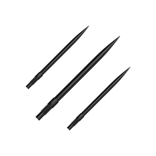Harrows Quick Point Dart Tips - Black Ein Set von schwarzen Dartspitzen ist abgebildet. Die Spitzen sind 35 mm lang und auf einem weißen Hintergrund präsentiert.