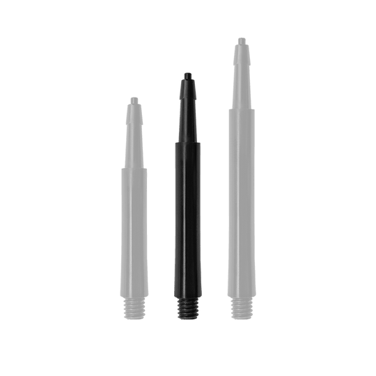 Das Bild zeigt drei schwarze Harrows Clic Standard Shafts in verschiedenen Längen. Die Shafts sind für Dartpfeile geeignet.
