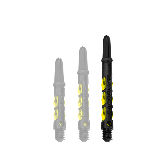 HR421_Harrows_Carbon_ST_Shafts_Gelb_47mm_1 Das Bild zeigt drei Harrows Carbon ST Shafts in Gelb. Die Shafts sind unterschiedlich lang und haben ein schwarzes Design mit gelben Akzenten.