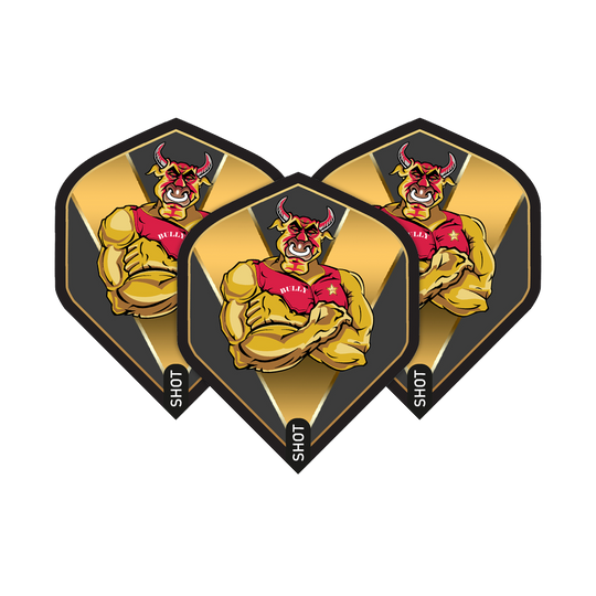 Zastřelil Michaela Smitha Bully Boye Zlatý standard letů Das Bild zeigt drei Dart-Flights mit einem muskulösen, roten Stier auf goldenem Hintergrund. Auf den Flights steht der Name „Bully Boy“ und unten das Wort „Shot“.