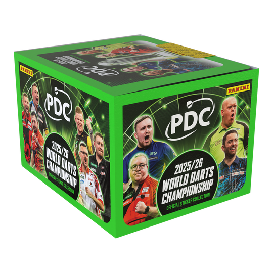 Panini PDC World Darts Championship 2025/26 - Stickerbox mit 65 Tüten Auf dem Bild sieht man die Panini PDC World Darts Championship 2025/26 Stickerbox mit 65 Tüten. Die Box ist speziell für Sammler und Fans der Darts-Weltmeisterschaft.