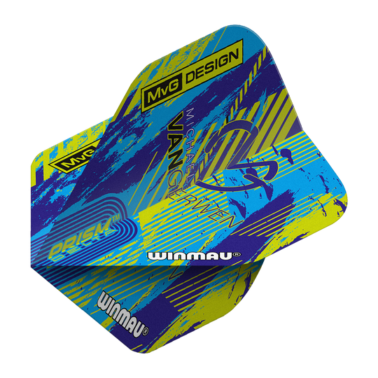 Winmau Delta Michael Van Gerwen Prism 04 Standardní lety Das Bild zeigt die Winmau Delta Michael Van Gerwen Prism 04 Standard Flights. Das Design ist bunt mit blauen, gelben und violetten Akzenten sowie dem Schriftzug „MvG DESIGN“ und „Winmau“.