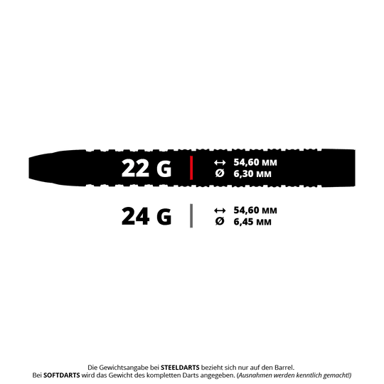 Dardos de acero de Tyrian del Red Dragon Das Bild zeigt die Spezifikationen von Steeldarts mit 22 Gramm und 24 Gramm Gewicht. Beide Varianten haben eine Länge von 54,60 mm, wobei der Durchmesser bei 22 g 6,30 mm und bei 24 g 6,45 mm beträgt.