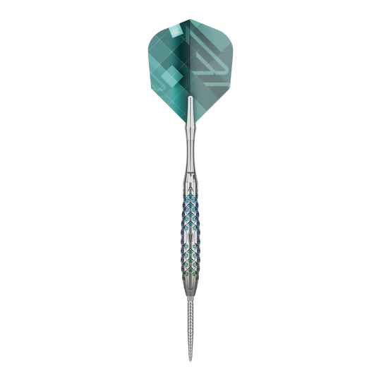 Dardos de acero Target Rove 02 Swiss Point Das Bild zeigt einen Target Rove 02 Swiss Point Steeldart. Der Dartpfeil hat ein silbernes, strukturiertes Barrel und eine grün-blaue Flight.