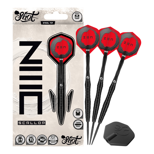 Shot ZEN Scallop Turbo Point Steeldarts - 23g Das Foto präsentiert die Shot ZEN Scallop Turbo Point Steeldarts - 23g in Gesamtansicht. Sie verbinden modernes Design mit hoher Treffsicherheit.