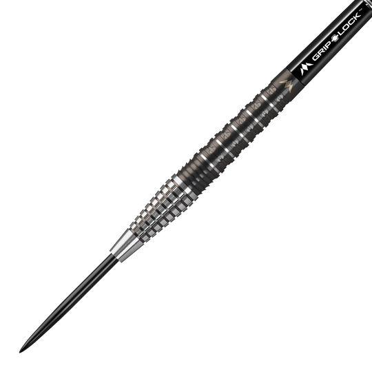 Mission Makara M2 Steeldarts - 23g Das Bild zeigt den "Mission Makara M2 Steeldart" mit einem Gewicht von 23 Gramm. Der Dartpfeil hat eine schwarze Spitze und einen geriffelten, silber-schwarzen Griffbereich.