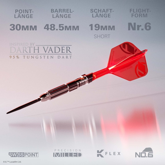 Fléchettes Target Star Wars Dark Vador Seigneur Sith Sabre Laser Édition Limitée Première Édition - 24 g Das Bild zeigt die Target Star Wars Darth Vader Light Saber Limited Edition Steeldarts - 24g. Es handelt sich um eine limitierte Edition von Dartpfeilen inspiriert von Darth Vader.