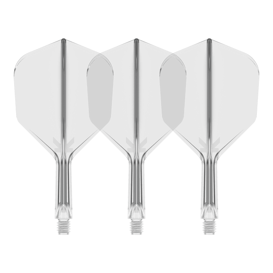 Letový systém Target K-Flex No6 - čirý Auf dem Bild sind drei durchsichtige Dartflights mit integriertem Schaft zu sehen. Sie stehen nebeneinander vor schwarzem Hintergrund.