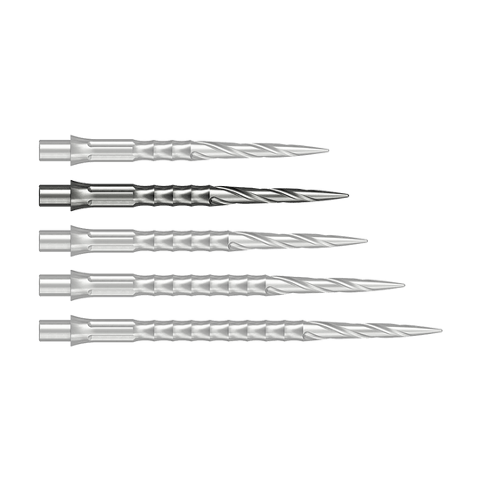 Pointes de fléchettes en acier Caliburn System - Spiro - NoLip - argent Vermutlich wird eine silberne Steeldartspitze mit 30 mm Länge abgebildet. Sie stammt aus dem Caliburn Evo System und ist vom Typ Spiro NoLip.