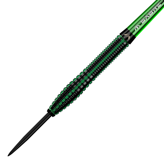 Ocelové šipky Mission Venom Das Bild zeigt einen Mission Venom Steeldart mit einem schwarzen und grünen Design. Der Dartpfeil hat eine schlanke Form und auffällige grüne Akzente entlang des Schafts.