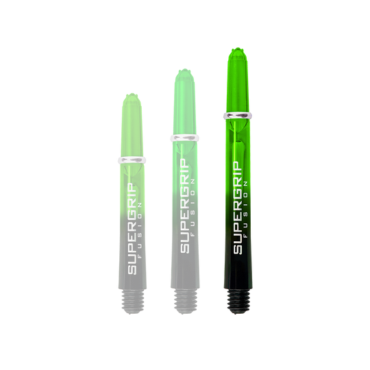 Das Bild zeigt drei grüne Harrows Supergrip Fusion Shafts in verschiedenen Längen. Die Schäfte haben ein transparentes Design mit der Aufschrift "SUPERGRIP FUSION" in Weiß.