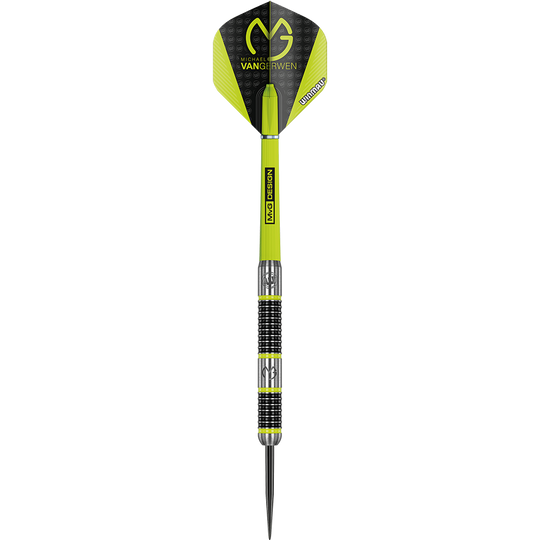 1444_Winmau_Michael_Van_Gerwen_MvG_Aspire_Steeldarts_1Nil84yDfIlUFW Das Bild zeigt einen "Winmau Michael Van Gerwen MvG Aspire Steeldart". Der Dart ist gelb und schwarz gestaltet und trägt das MvG-Logo.