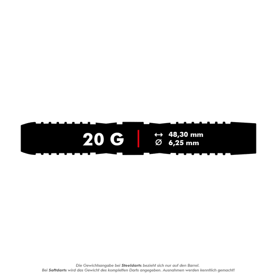 Měkké šipky Red Dragon Panterra - 20g Das Bild zeigt die Produktangaben für die Red Dragon Panterra Softdarts mit einem Gewicht von 20 Gramm. Die Darts sind 48,30 mm lang und haben einen Durchmesser von 6,25 mm.