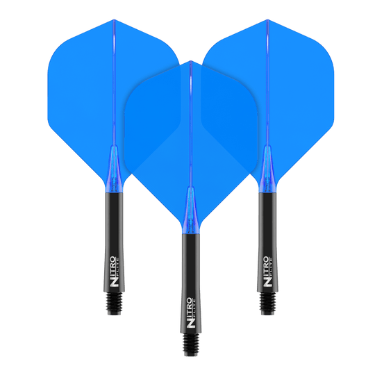 Red Dragon Nitroflite - Black Shaft Blue No2 Flights Das Bild zeigt drei blaue Dart Flights mit schwarzen Schäften. Auf den Schäften steht der Schriftzug "Nitro Flite".