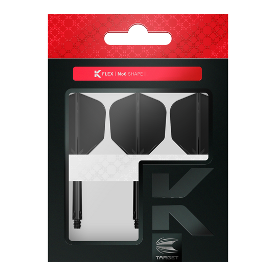 Target K-Flex No6 Flight System - Black Das Bild zeigt eine Verpackung mit drei schwarzen Dartflights und Schäften. Die Marke „TARGET“ und die Produktbezeichnung „K FLEX No6 SHAPE“ sind auf der Packung zu sehen.