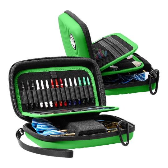 Pouzdro na šipky Beazd Orbis XL - zelené Beazd Orbis XL Dartcase ist auf dem Foto zu sehen. Es bietet zusätzlichen Stauraum für Darts.
