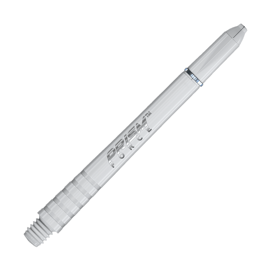 7020-202_Winmau_Prism_Force_Shafts_Weiss_48mm_2 Das Bild zeigt einen weißen Prism Force Dartschaft von Winmau. Auf dem Schaft steht der Schriftzug "PRISM FORCE".