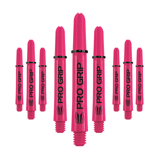 Uchwyty Target Pro Grip - 3 zestawy - różowe Das Bild zeigt neun pinke Dartshafts mit der Aufschrift "PRO GRIP". Die Shafts sind in drei Reihen angeordnet und heben sich deutlich vor dem weißen Hintergrund ab.