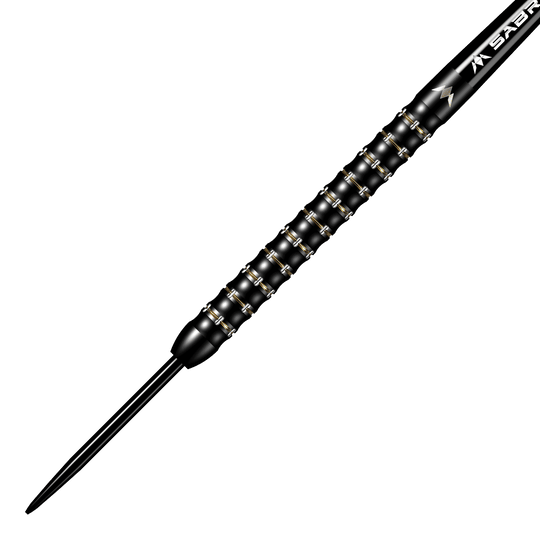 Mission Mike De Decker MDD Black Gold Steeldarts Das Bild zeigt den Mission Mike De Decker MDD Black Gold Steeldart. Der Dartpfeil ist überwiegend schwarz mit goldenen Akzenten und hat ein strukturiertes Griffdesign.
