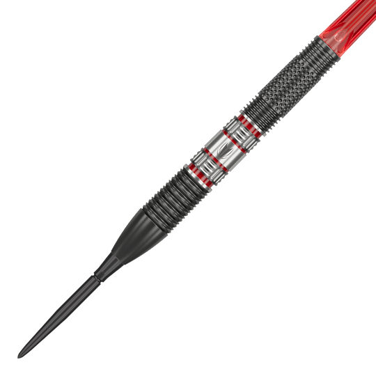 Šipky Target Gabriel Clemens 95K Swiss Point Steel Das Bild zeigt einen Target Gabriel Clemens 95K Swiss Point Steeldart. Der Dart hat ein modernes Design mit schwarzen, silbernen und roten Akzenten.