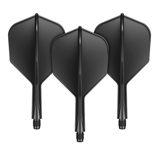 Systém letmých hřídelí GOAT A1R No6 - černý Das Bild zeigt drei schwarze Dart-Flights mit integriertem Shaft. Sie sind nebeneinander angeordnet und verfügen über einen kurzen Schaft mit Schraubgewinde.