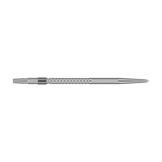 Target Swiss Firepoint Silver Dartspitzen Das Bild zeigt eine silberne Dartspitze mit einem gerillten, strukturierten Design. Sie ist lang und schmal, mit einer spitzen Spitze am rechten Ende.