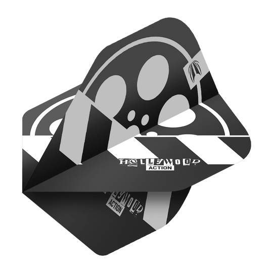Target Pro Ultra Chris Dobey Hollywood Action No2 Standardní letky - 3 sady Das Bild zeigt die Target Pro Ultra Chris Dobey Hollywood Action No2 Standard Flights. Die Flights sind schwarz-weiß gestaltet und tragen den Schriftzug "HOLLYWOOD ACTION".