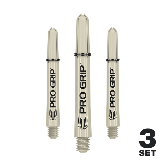 Target Pro Grip Shafts - 3 Sets - Sand Das Bild zeigt drei beige Dartschäfte mit der Aufschrift "PRO GRIP". In der rechten unteren Ecke steht "3 SET".