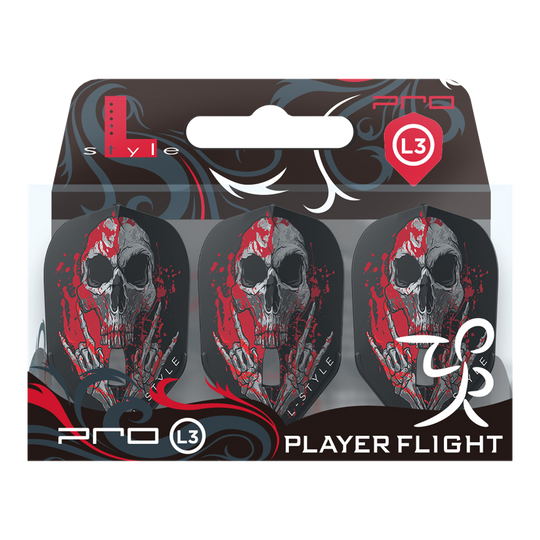 Letky L-Style Ryan Searle V3 L3PRO černé Die Abbildung zeigt ein Set von drei L-Style Ryan Searle V3 L3PRO Black Flights. Auf den Flights ist ein Totenkopf-Design mit roten Farbakzenten zu sehen.
