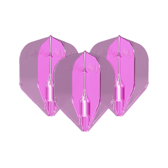 Plumas L-Style Fantom L3EZ Rosa Transparente Das Bild zeigt drei klare, pinke Dartflights des Modells "L-Style Fantom L3EZ". Die Flights sind transparent und haben eine leuchtend pinke Farbe.