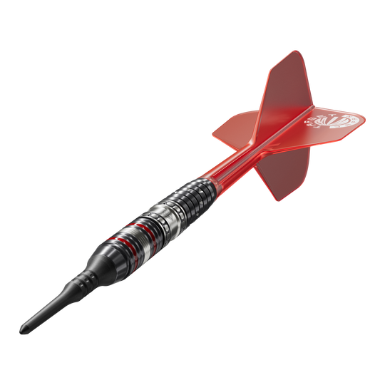 Dardos blandos Target Japan Prime Series Diamond GEN3 - 18 g Das Bild zeigt einen Softdart der Serie "Target Japan Prime Series Diamond GEN3" mit einem Gewicht von 18g. Der Dart ist schwarz-silbern mit roten Akzenten und hat eine rote Flights.