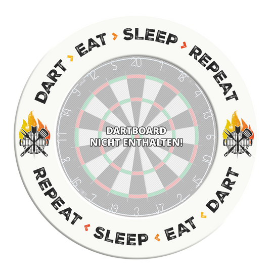 Auf diesem Bild steht der Text 'Dart Eat Sleep Repeat' in weiß auf einem Hintergrund. Das Bild ist wahrscheinlich ein Design oder Zubehör für Dartliebhaber.