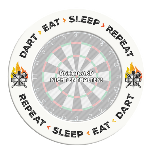 McDart Dartboard Surround - Dart Eat Sleep Repeat Auf diesem Bild steht der Text 'Dart Eat Sleep Repeat' in weiß auf einem Hintergrund. Das Bild ist wahrscheinlich ein Design oder Zubehör für Dartliebhaber.