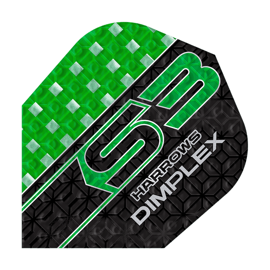 Harrows Dimplex S3 Flights - Verde Das Bild zeigt ein Harrows Dimplex S3 Dart Flight in grün und schwarz mit geometrischem Muster. Auf dem Flight steht "S3 Harrows Dimplex" in auffälliger Schrift.