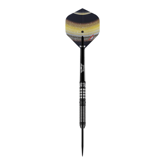 Bulls NL Luna Neoma Steeldarts Das Bild zeigt einen Bulls NL Luna Neoma Steeldart. Der Dart hat einen schwarz-silbernen Schaft und eine Flügel mit gelb-schwarzem Weltraumdesign.